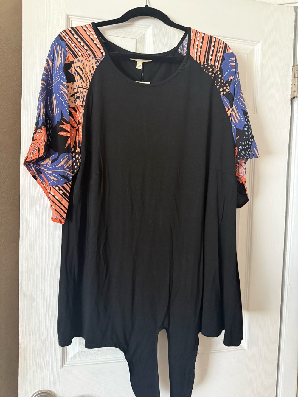 loralette Black Tunic with Coral and Blue Printed Raglan Sleeves